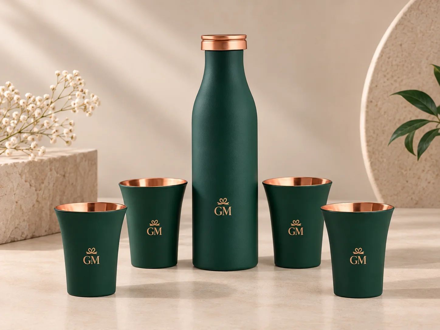 Matte Forest Green Copper Water Bottle & 4 Tumbler Family Gift Set