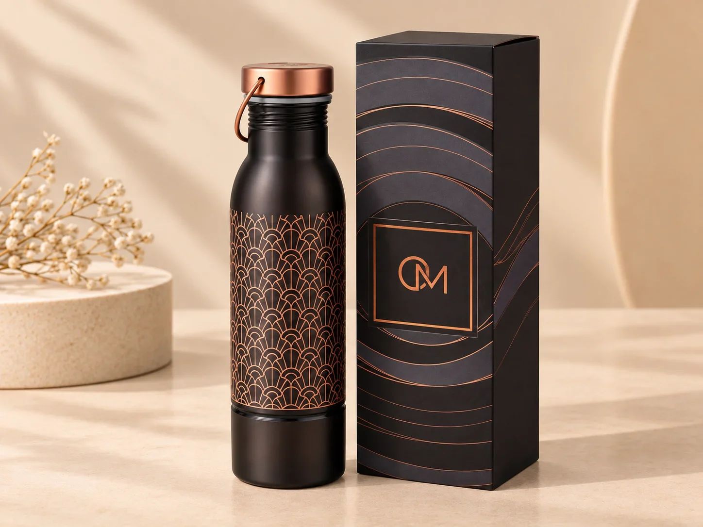 Art Deco Engraved Matte Brown Copper Bottle with Carry Loop