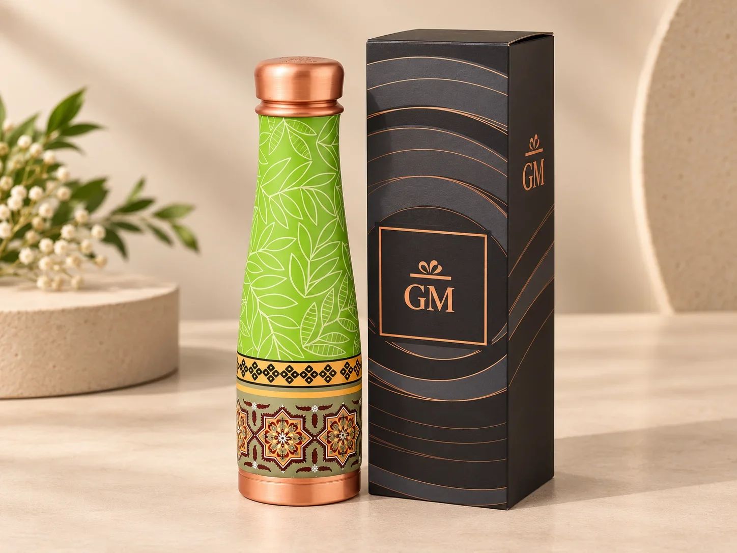 Traditional Printed Leaf & Mosaic Pattern Copper Water Bottle