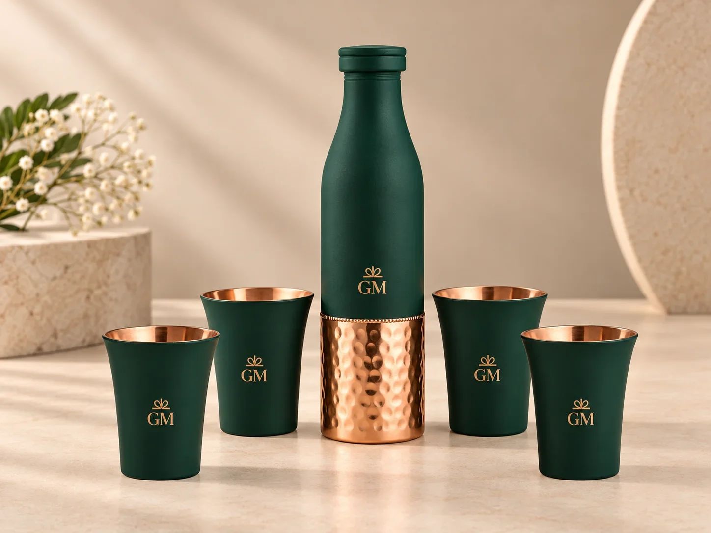 Matte Green & Hammered Copper Bottle Set with 4 Glasses