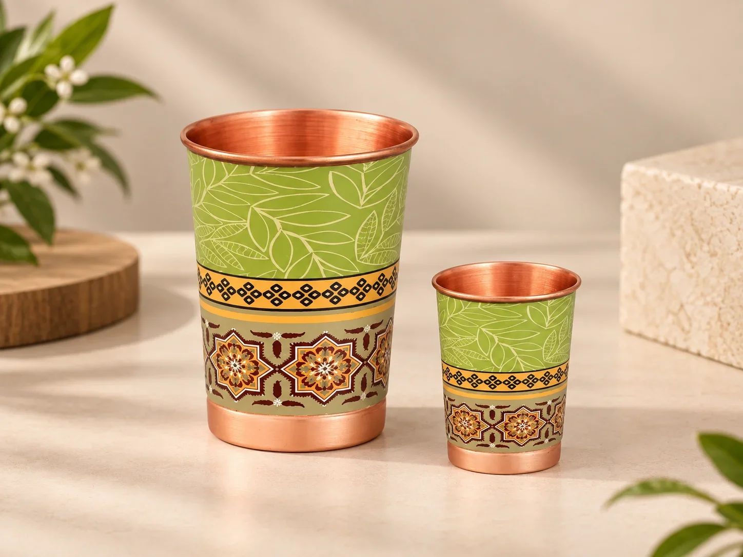 Traditional Printed Leaf & Mandala Mosaic Copper Glass Duo