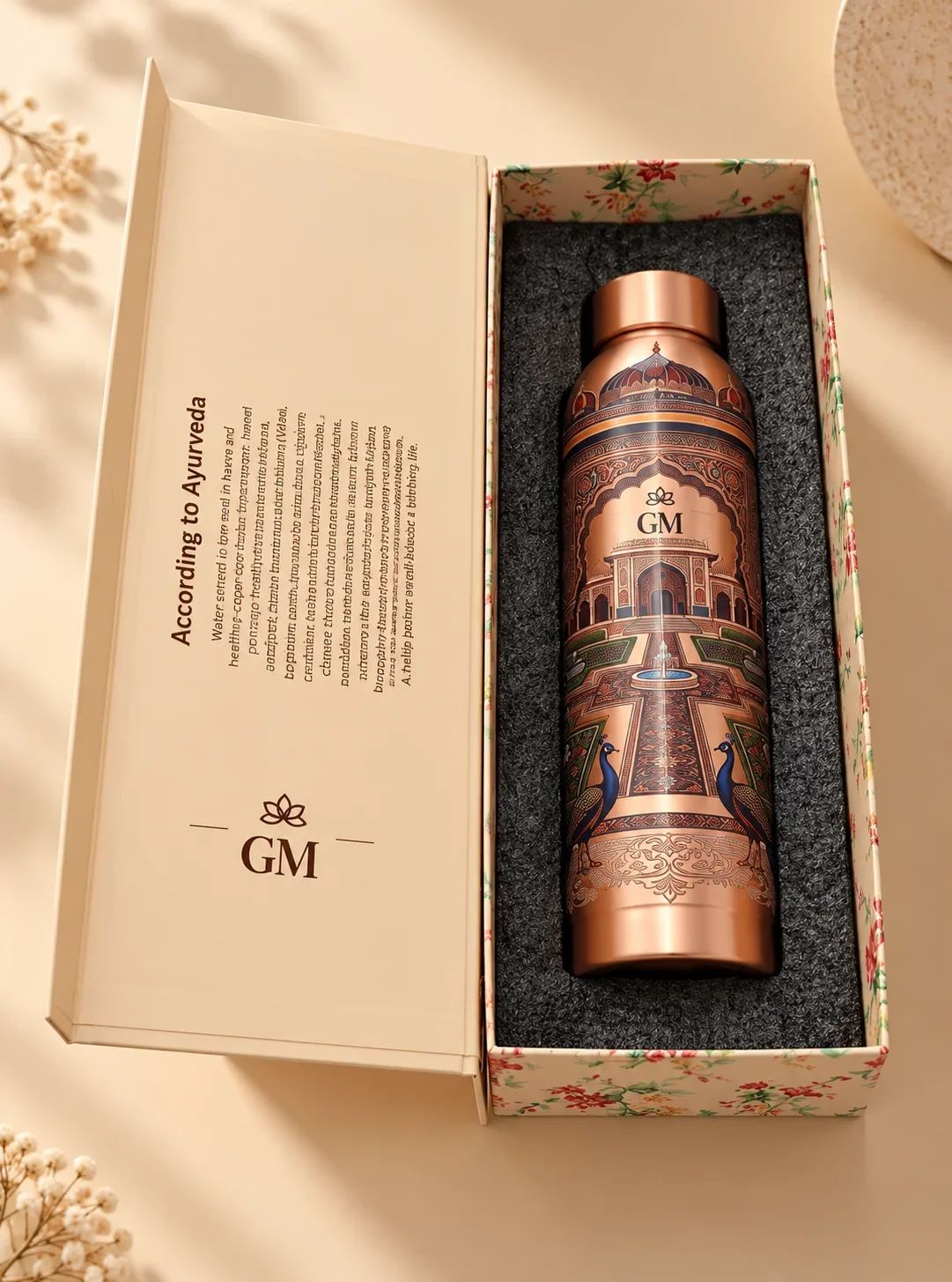 Royal Palace & Peacock Printed Copper Bottle in Ayurvedic Gift Box
