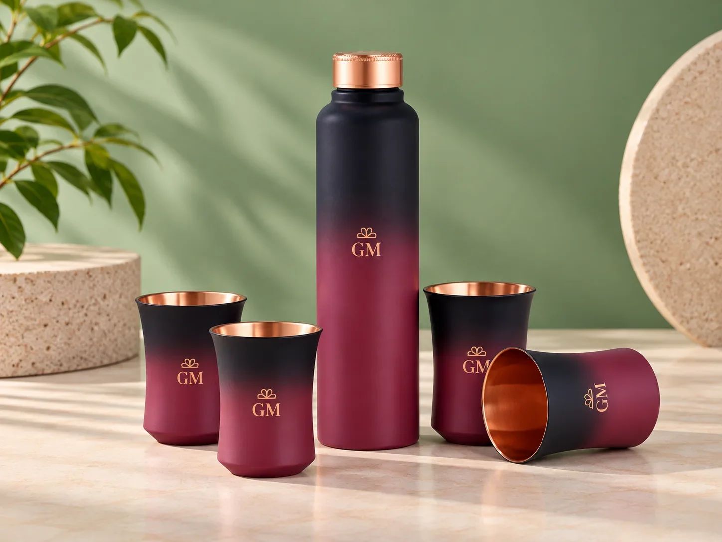Matte Black & Magenta Ombre Copper Bottle & 4 Glass Gift Set