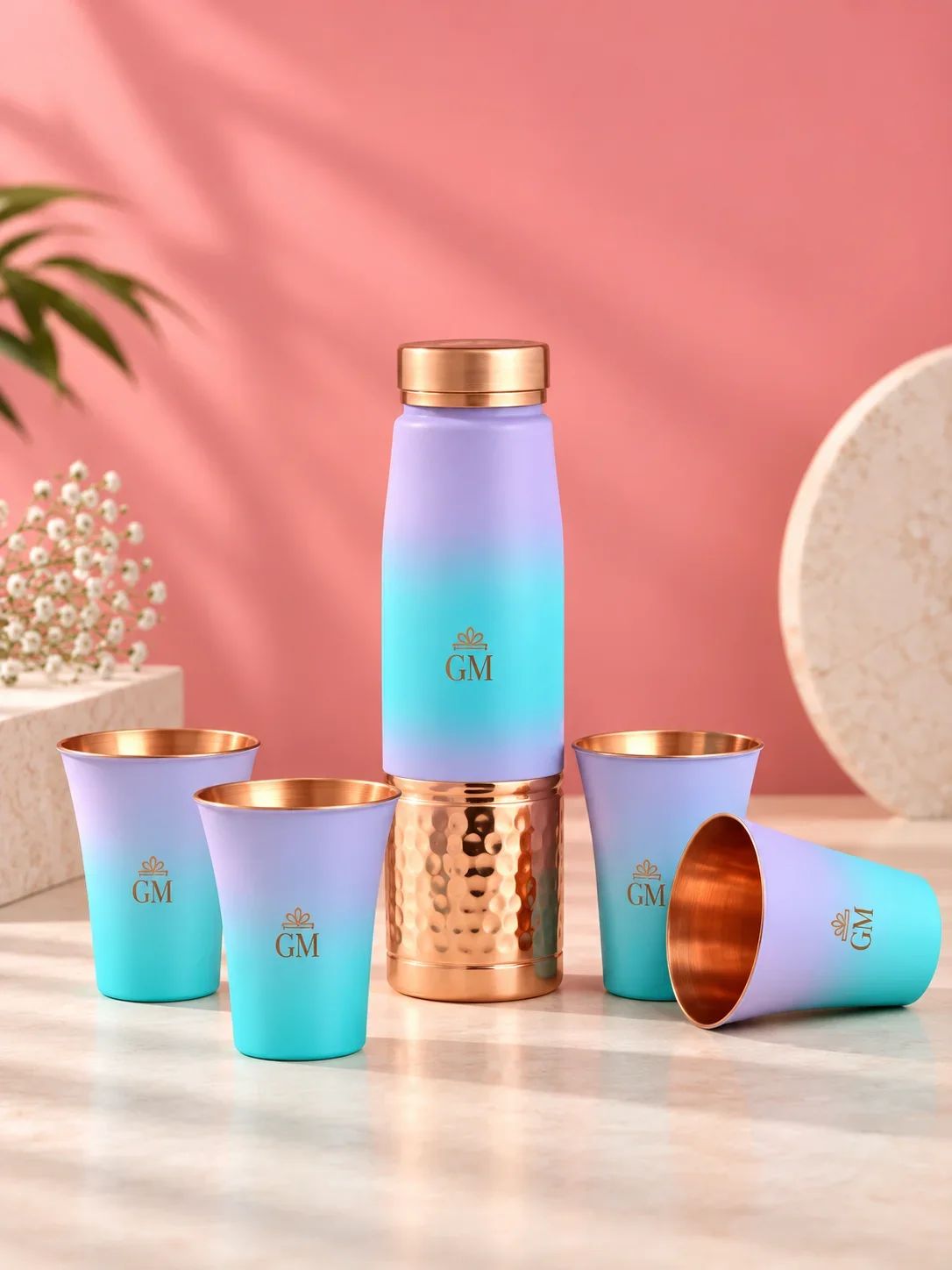 Lavender & Aqua Cyan Ombre Copper Bottle & 4 Glass Set with Hammered Base