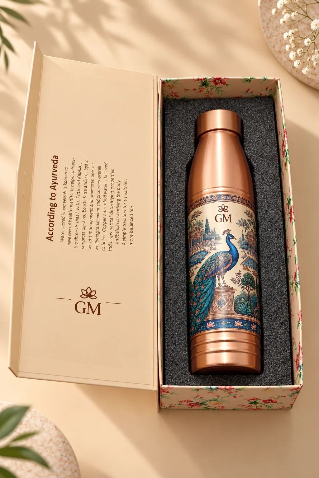 Royal Blue Peacock & Palace Garden Printed Copper Bottle Gift Box