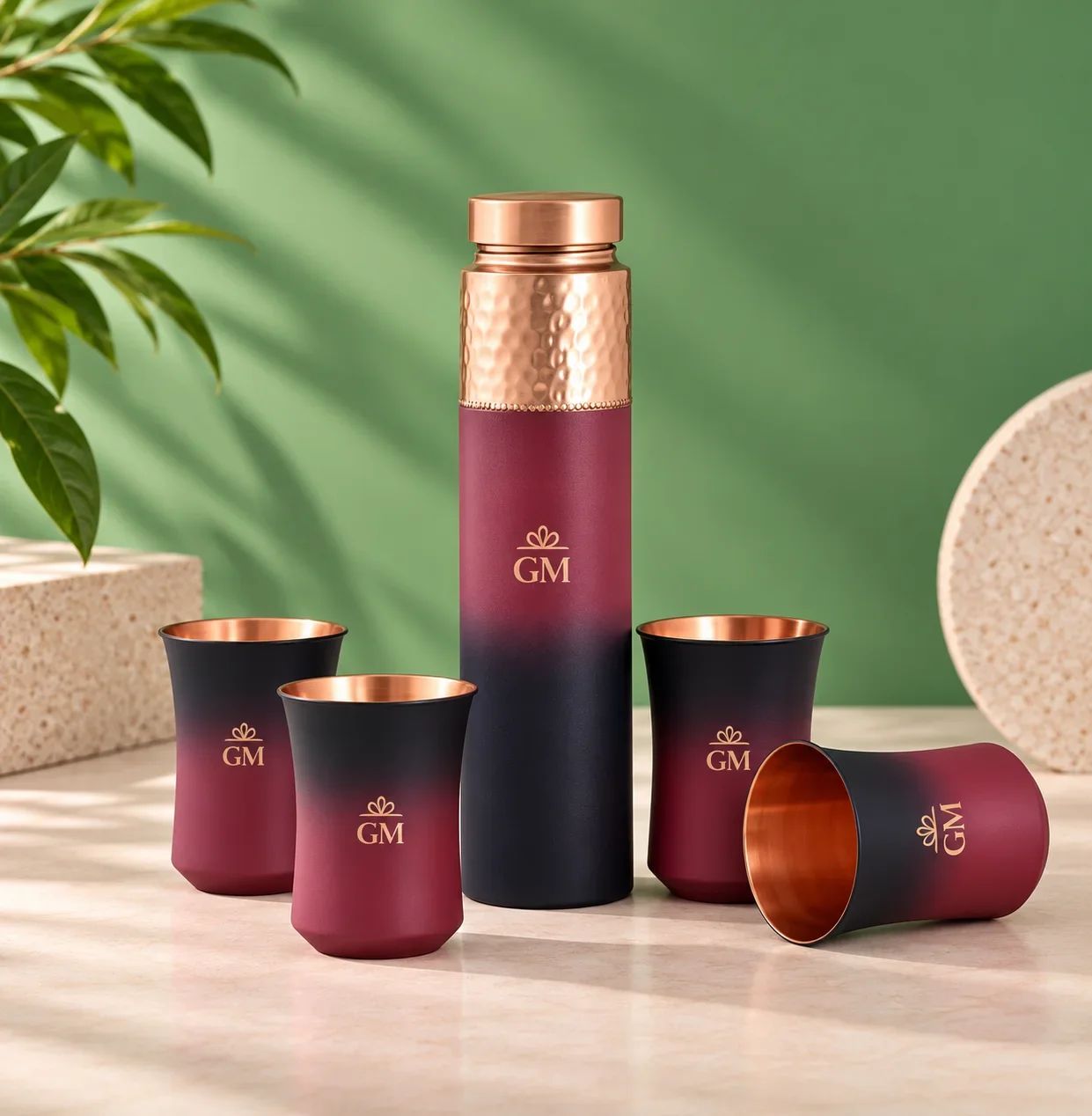 Magenta & Black Ombre Copper Bottle with Hammered Shoulder & 4 Glasses Set