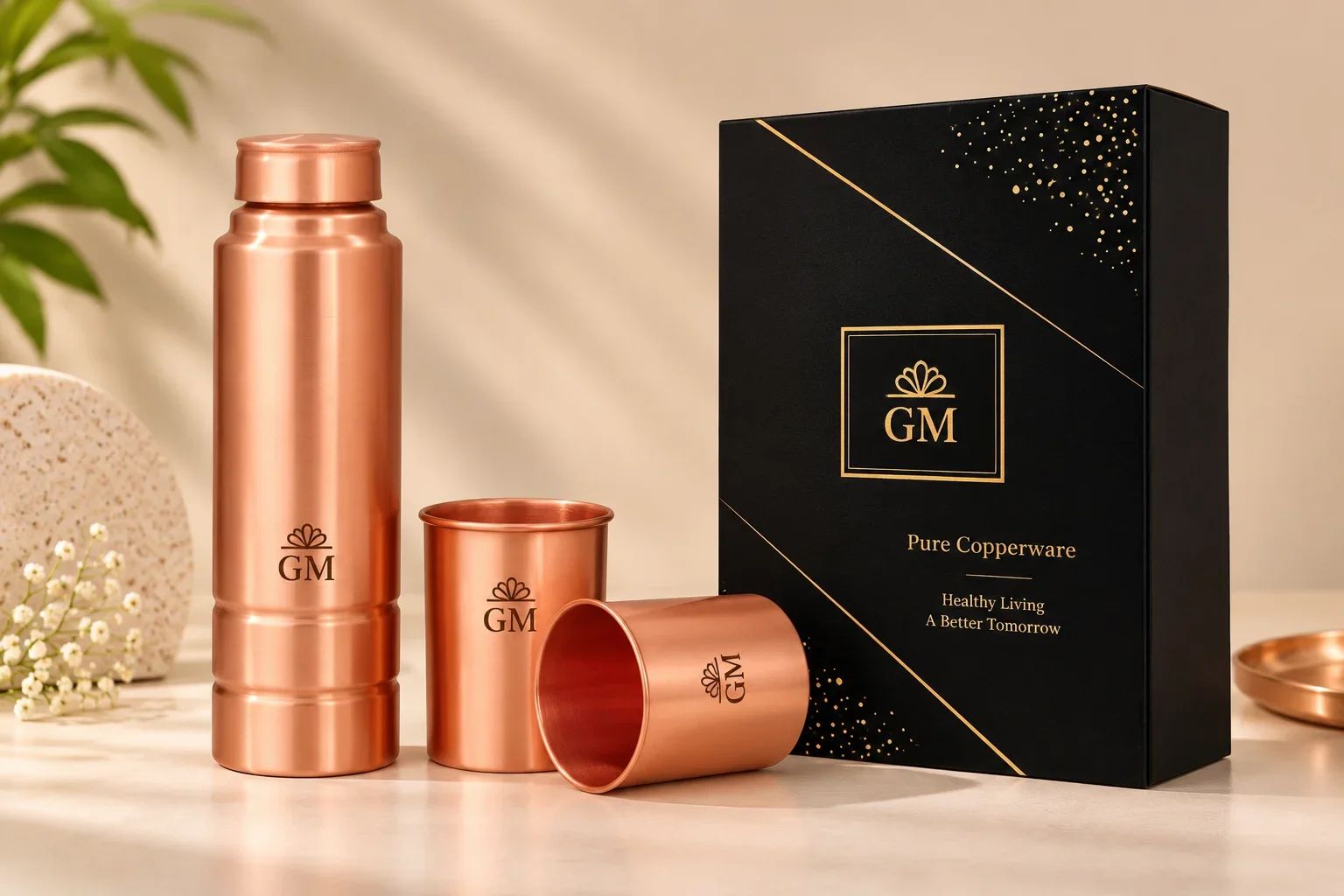 Pure Seamless Copper Water Bottle & 2 Glass Luxury Gift Set