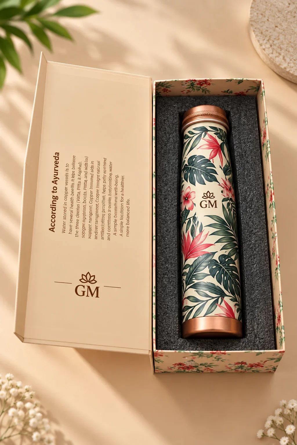 Botanical Floral & Monstera Printed Copper Bottle in Gift Box