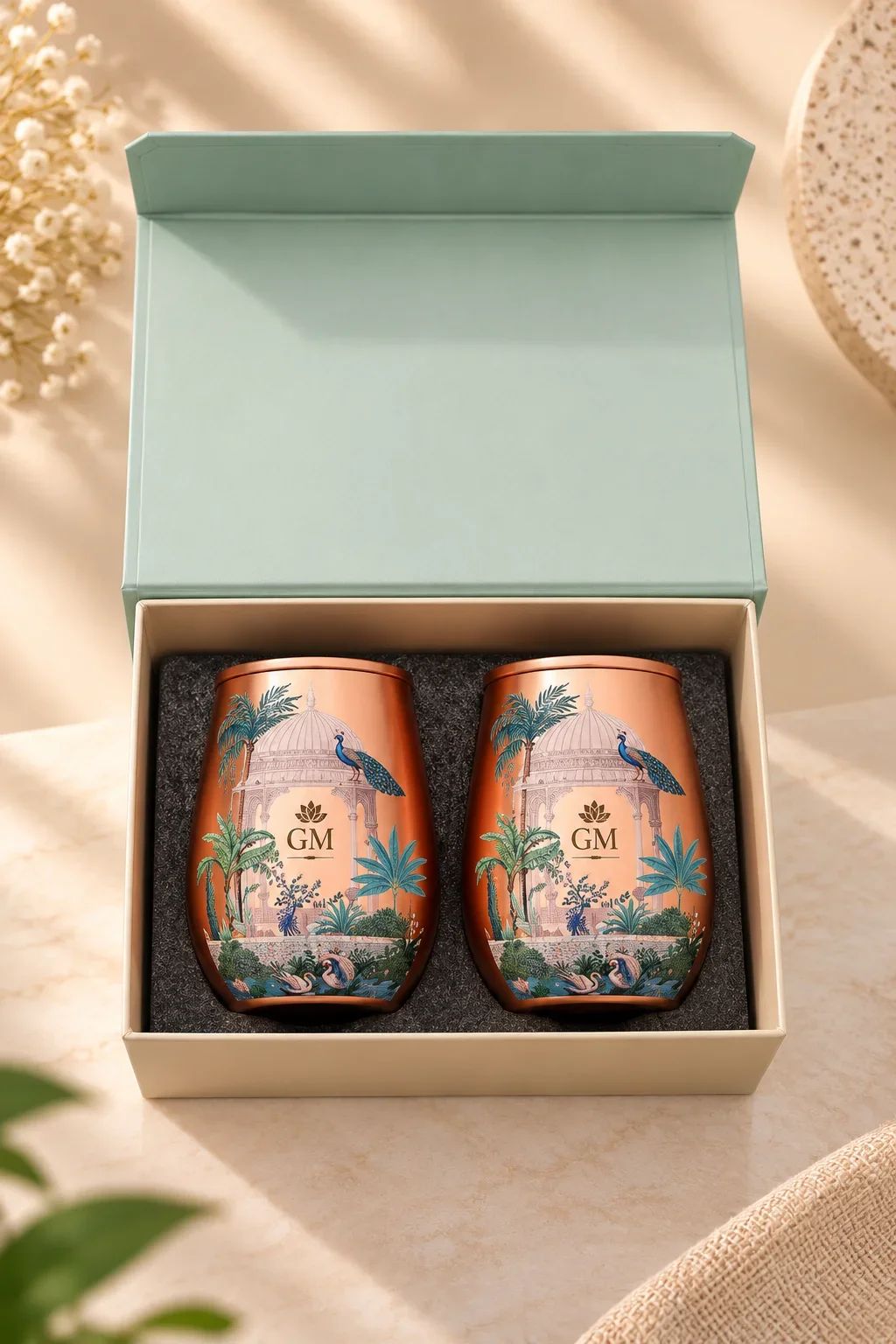 Royal Palace Pavilion & Peacock Printed Copper Glass Pair Gift Box