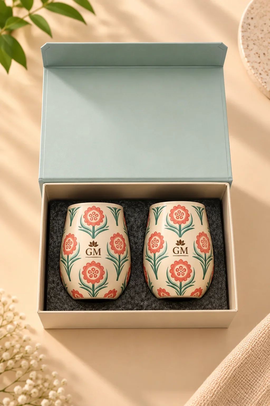 Traditional Botanical Floral Printed Copper Glass Pair Gift Box