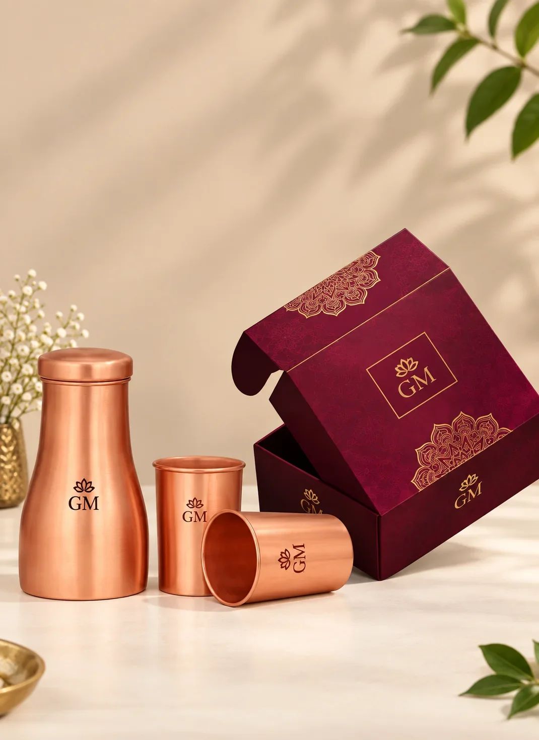 Pure Copper Carafe Bottle & 2 Glass Festive Gift Set