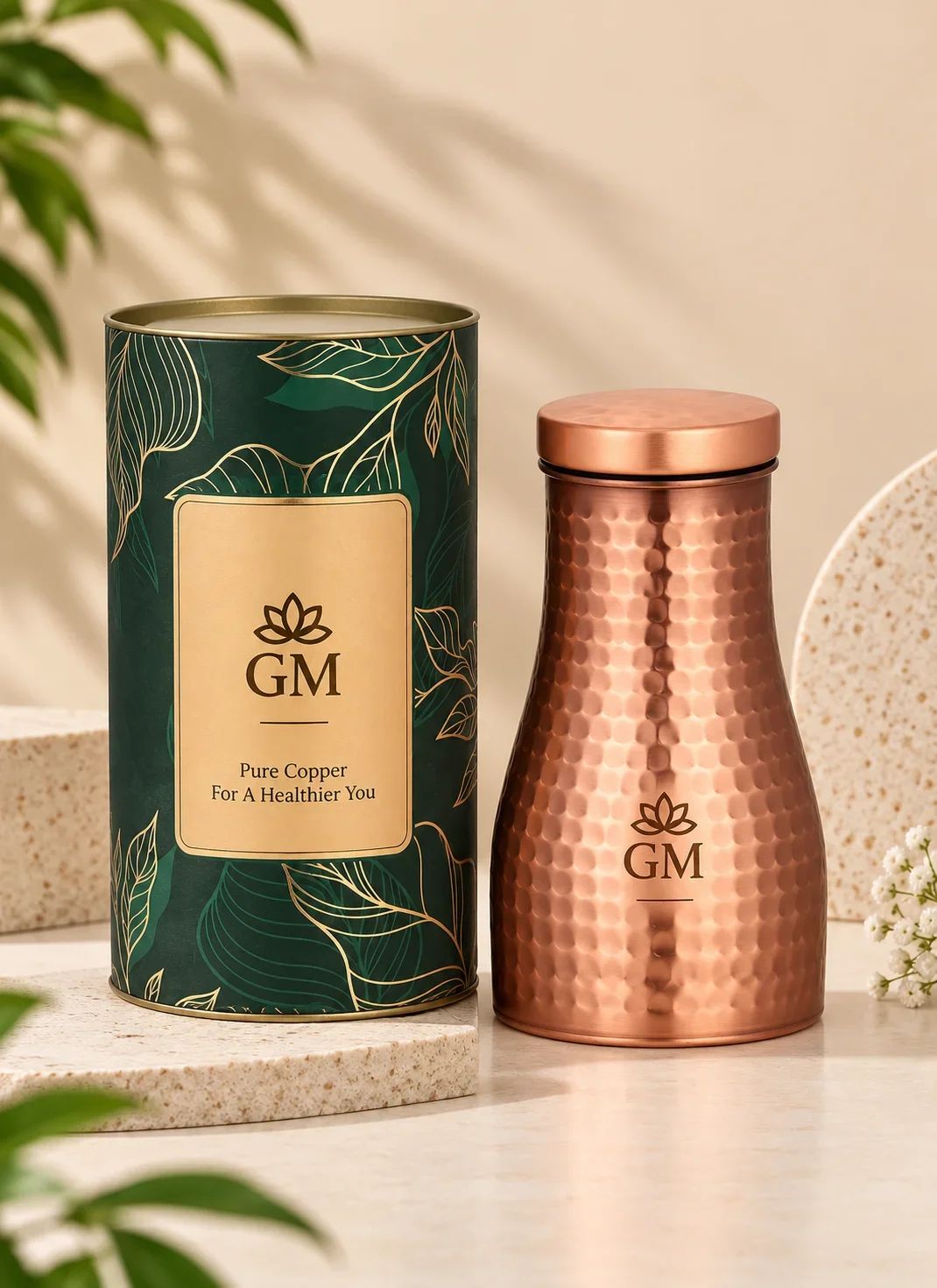 Hammered Pure Copper Carafe Bottle with Botanical Tube Packaging