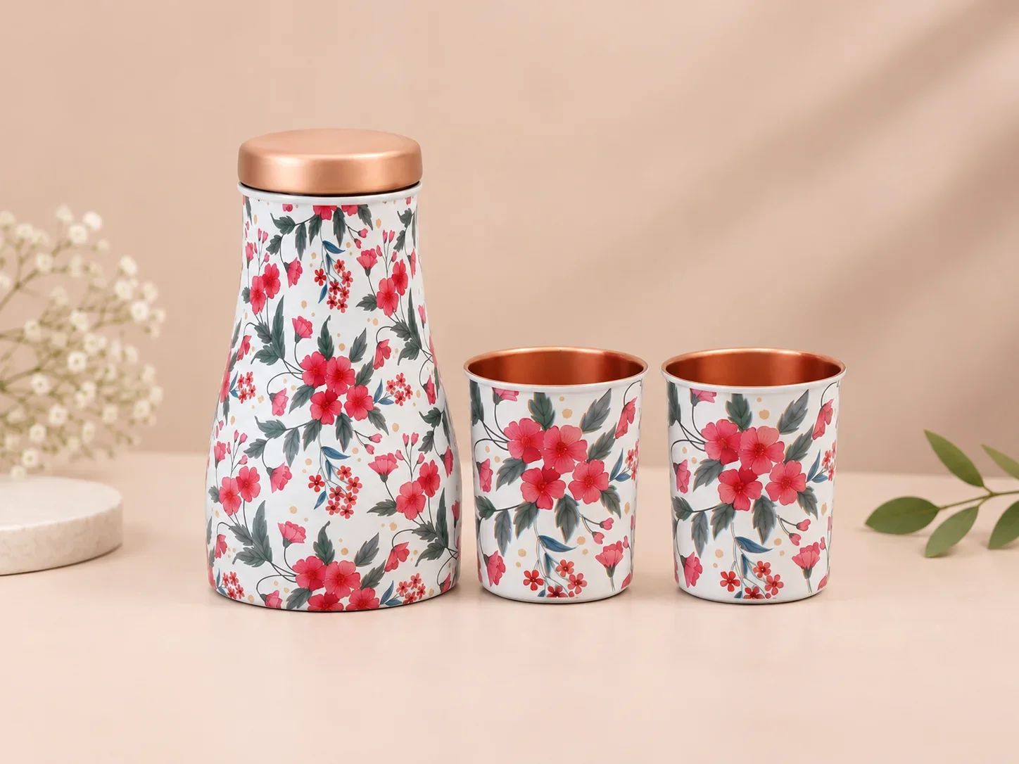 Red Floral Printed Copper Carafe Bottle & 2 Glass Set