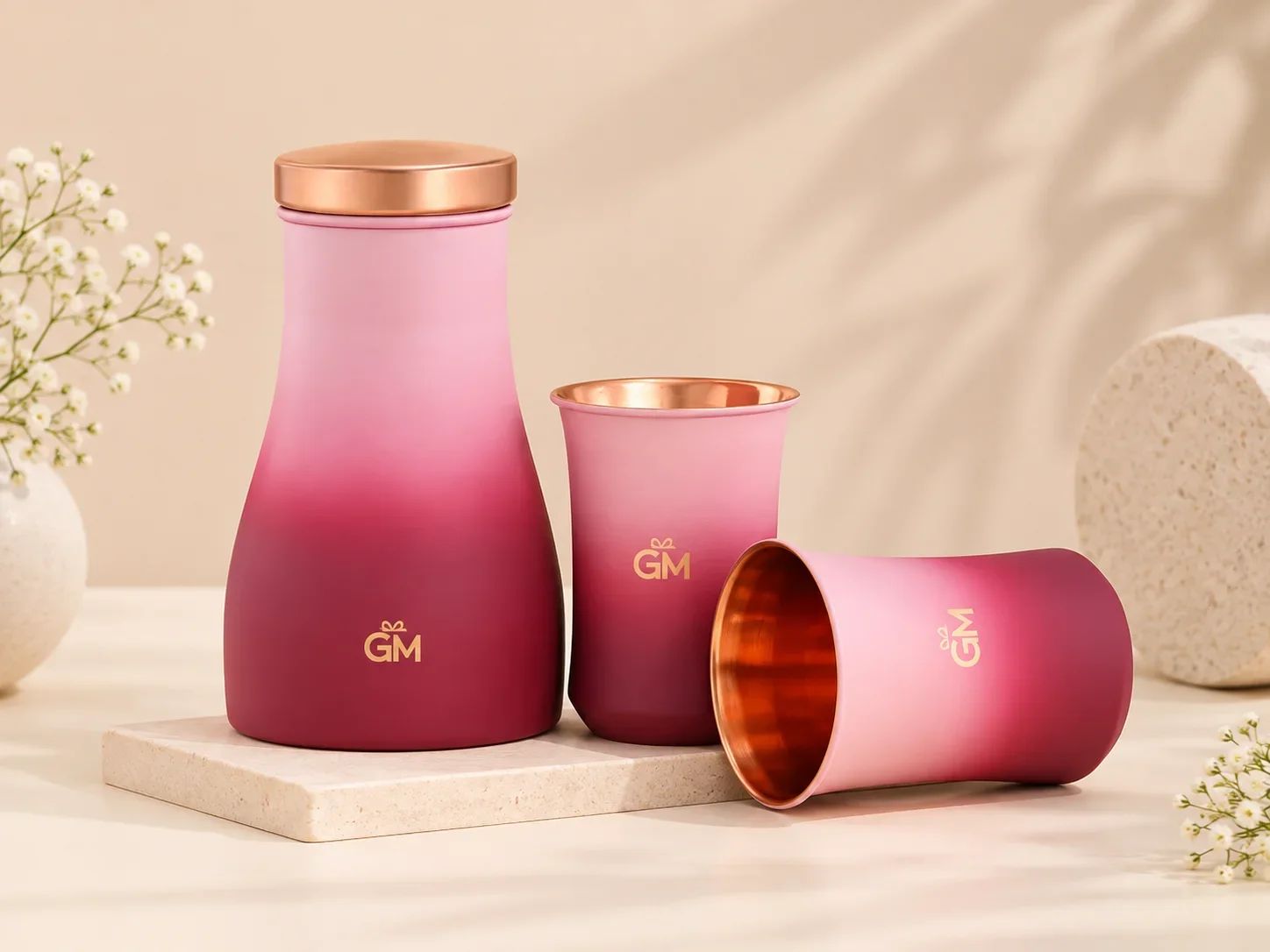 Soft Pink & Deep Berry Ombre Copper Carafe Bottle & 2 Glass Set