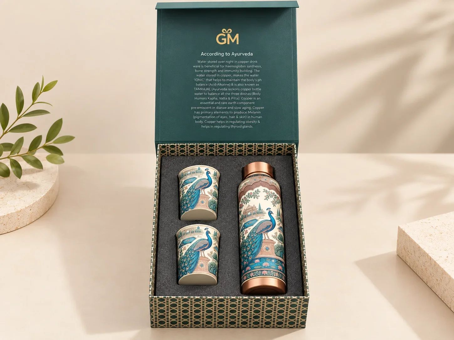 Royal Blue Peacock & Palace Copper Water Bottle & 2 Glass Gift Set