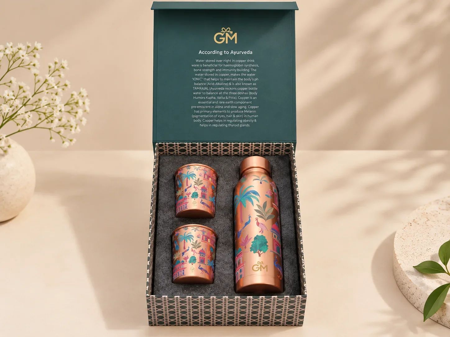 Printed Copper Water Bottle & Glass Gift Set
