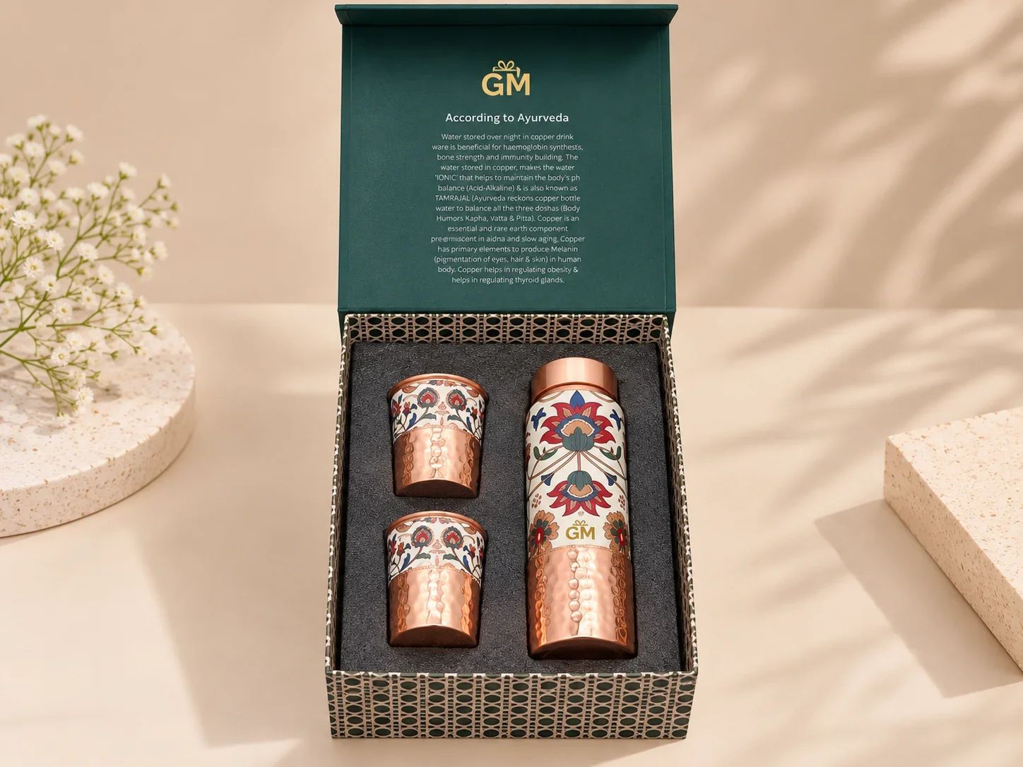 Hammered & Floral Printed Copper Bottle and Glass Gift Set