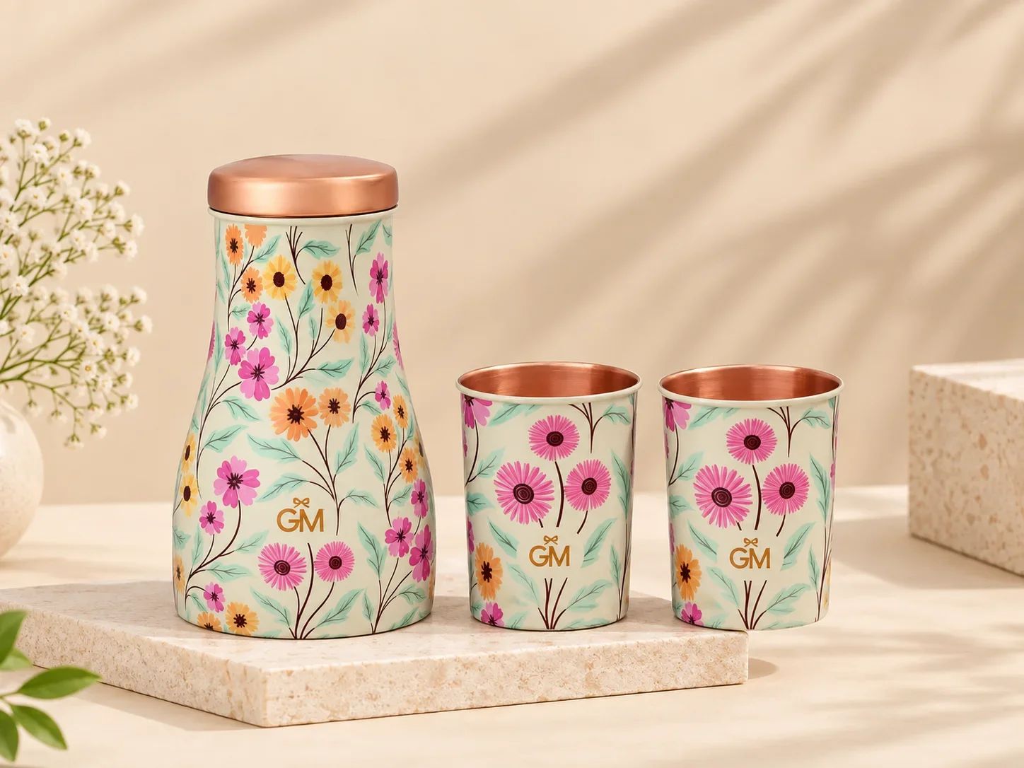 Floral Enamel Copper Carafe and Glass Set