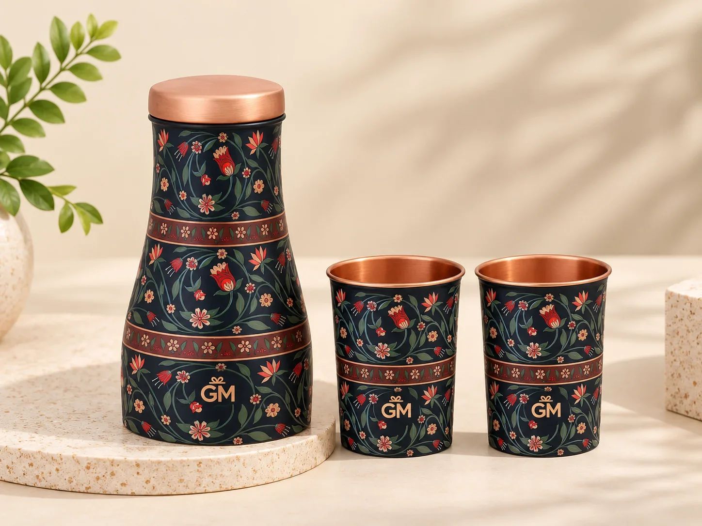 Dark Floral Copper Carafe and Glass Desk Set