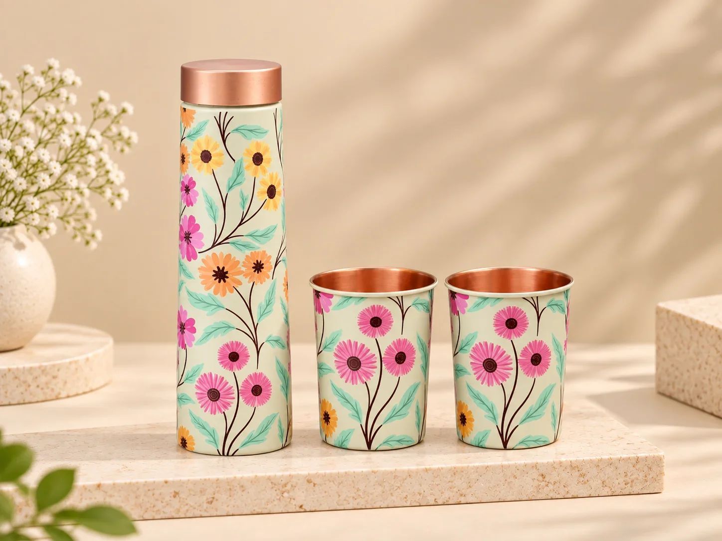 Pastel Floral Printed Copper Bottle and Glass Set