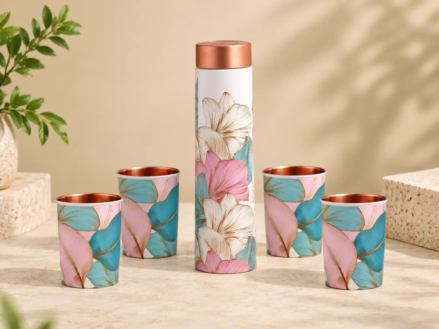 Feather Art Copper Bottle and 4-Glass Set