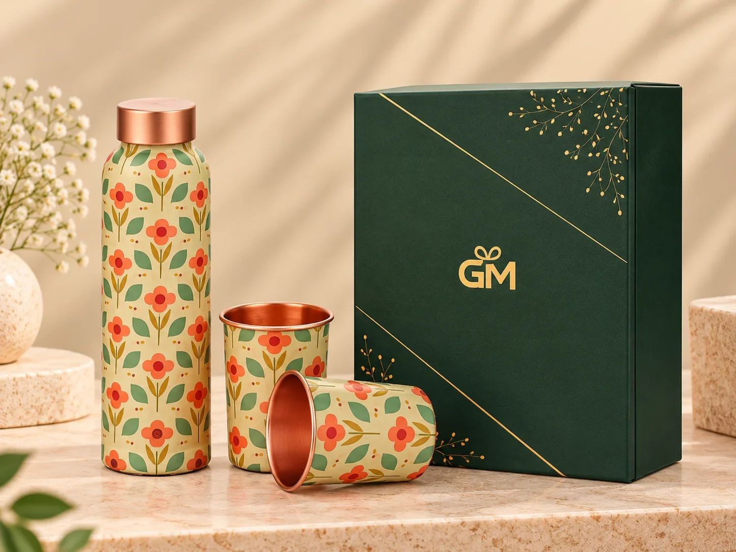 Retro Floral Printed Copper Bottle and Glass Gift Set with Box