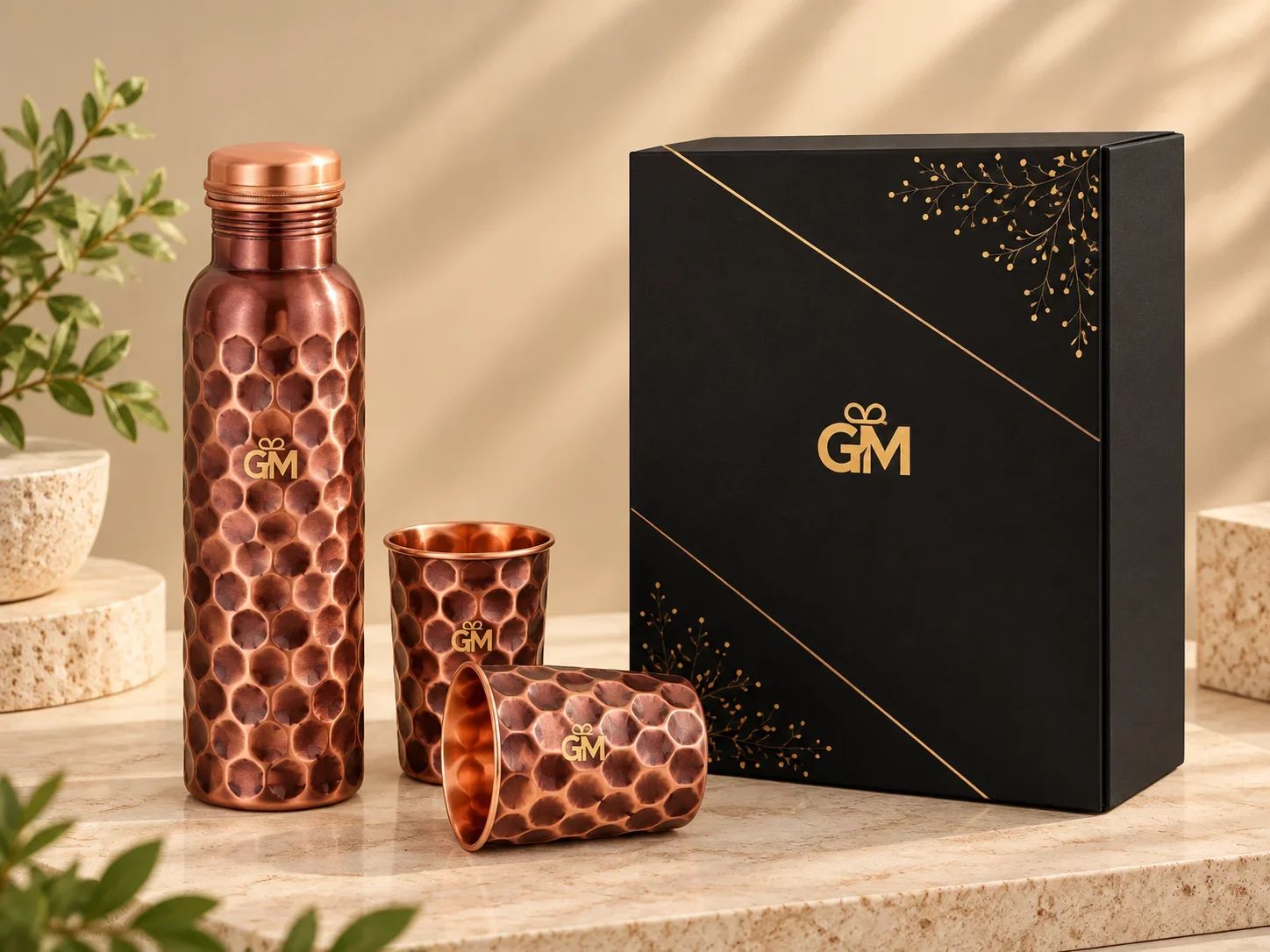 Honeycomb Hammered Pure Copper Bottle and Glass Gift Set