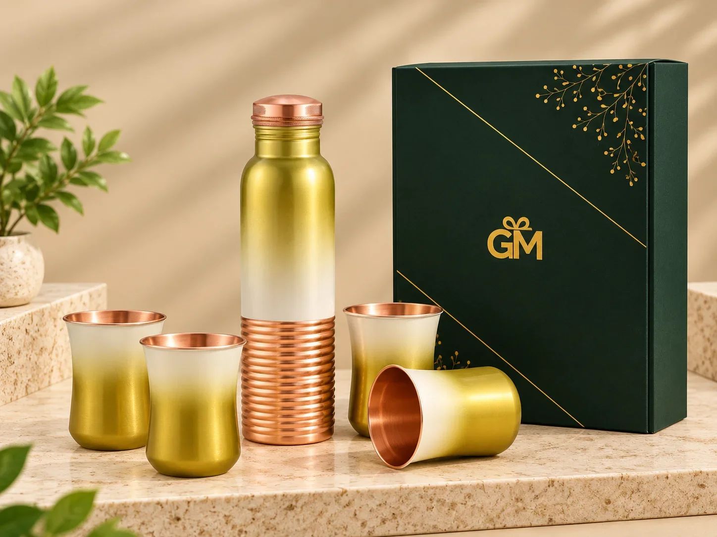 Gold Gradient Metallic Copper Bottle and 4-Glass Gift Set