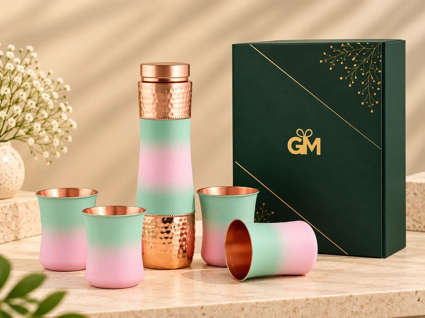 Pastel Ombre & Hammered Copper Bottle with 4-Glass Gift Set