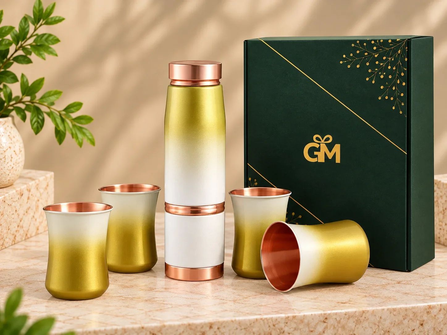 Gold & White Dual-Band Copper Bottle and 4-Glass Gift Set
