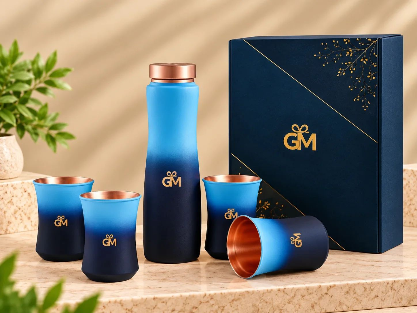 Royal Blue Ombre Copper Bottle and 4-Glass Gift Set