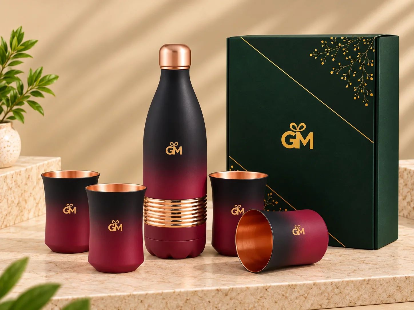 Matte Black & Crimson Red Ombre Copper Bottle with 4 Glasses Set
