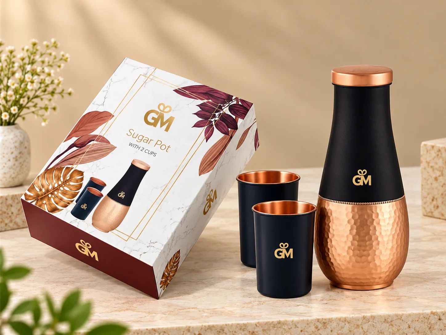 Dual-Tone Matte Black & Hammered Copper Carafe & 2 Glass Gift Set
