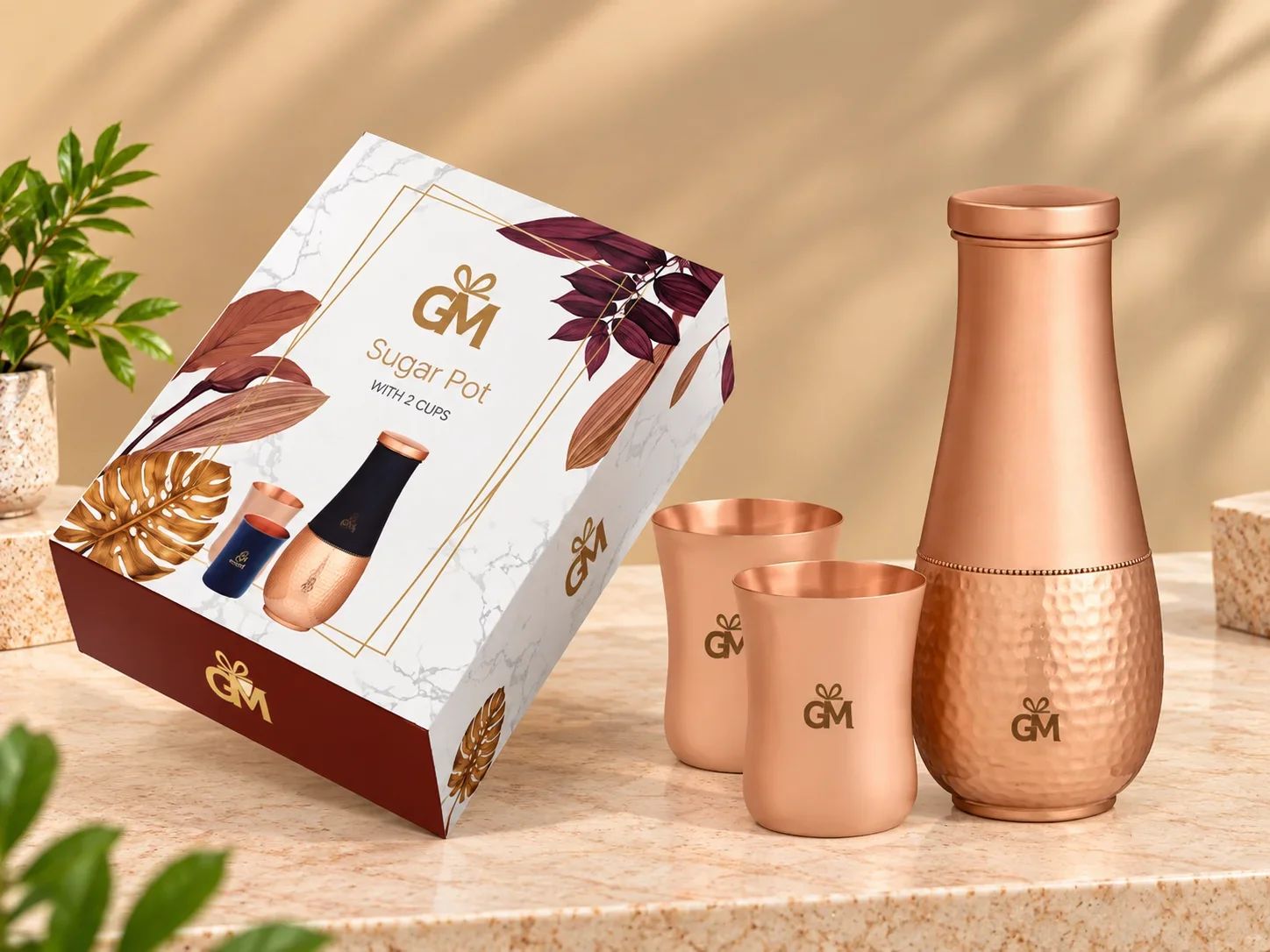Natural Brushed & Hammered Copper Carafe Set with 2 Glasses