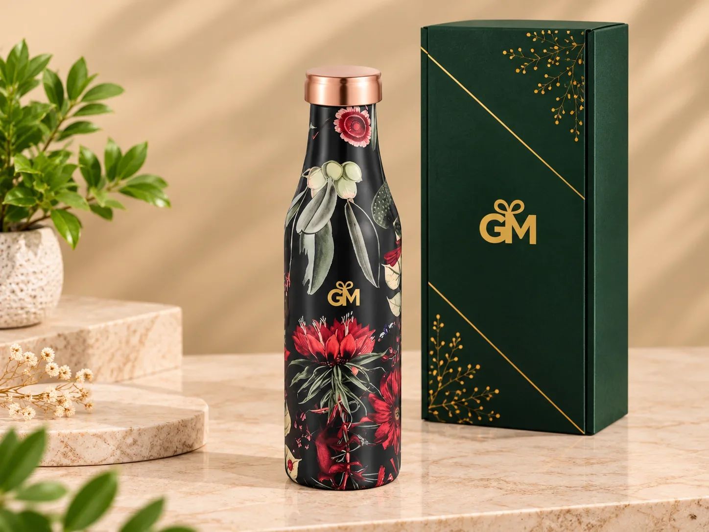 Dark Enchantment Botanical Printed Copper Bottle in Executive Gift Box