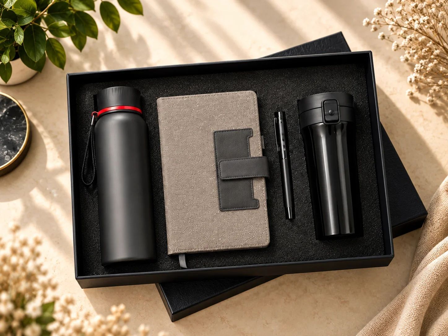 Textured Grey Executive Notebook, Thermal Flask, Mug & Pen Set