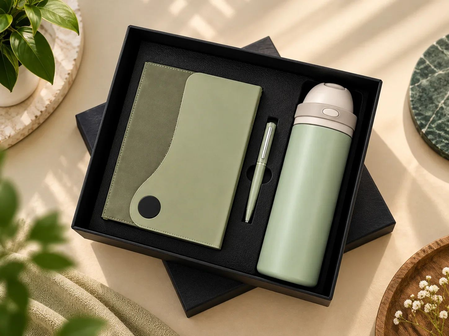 Sage Green Executive Notebook, Pen & Flip-Top Bottle Set