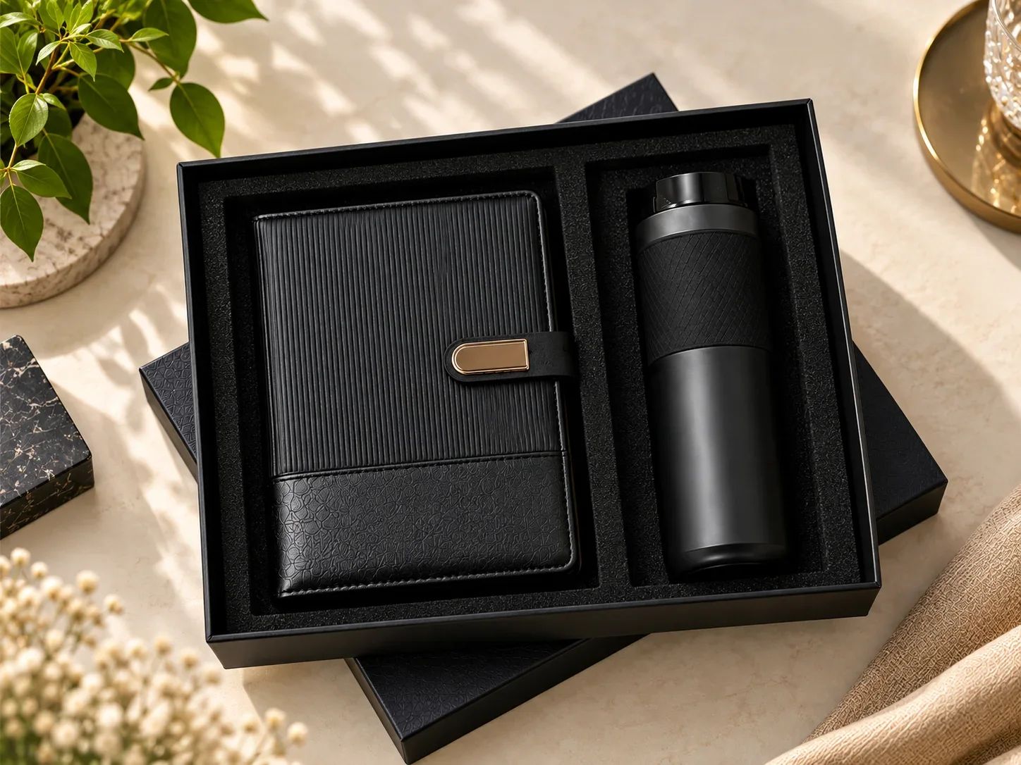 Textured Black Ribbed Journal & Grip Flask Gift Set
