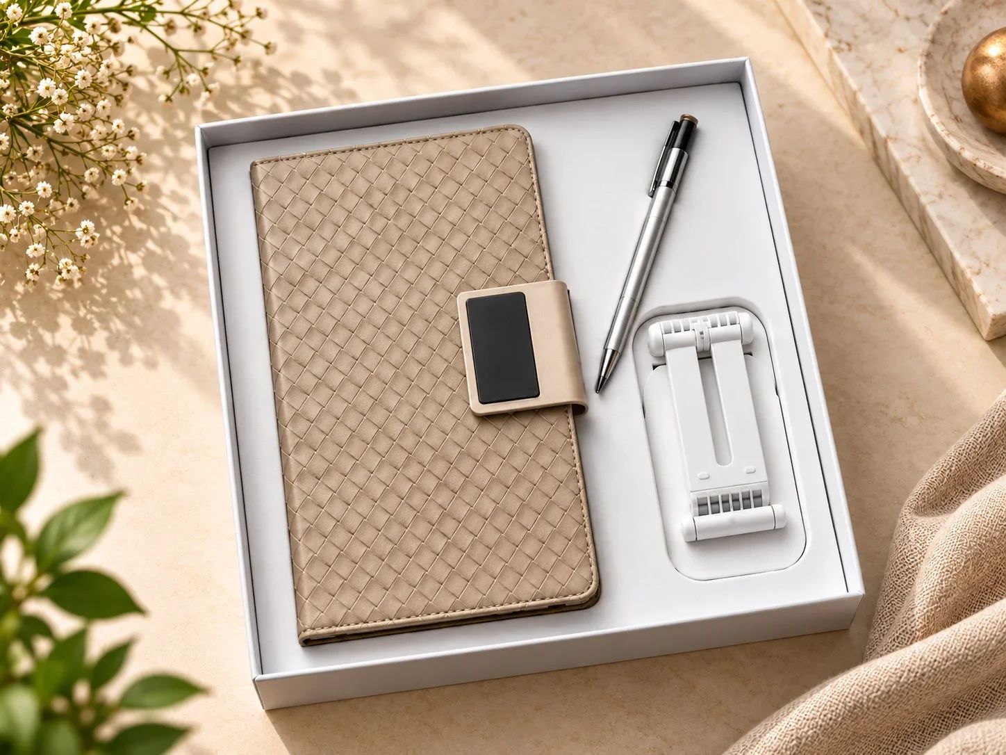 Woven Beige Leatherette Journal, Pen & Foldable Phone Stand Gift Set