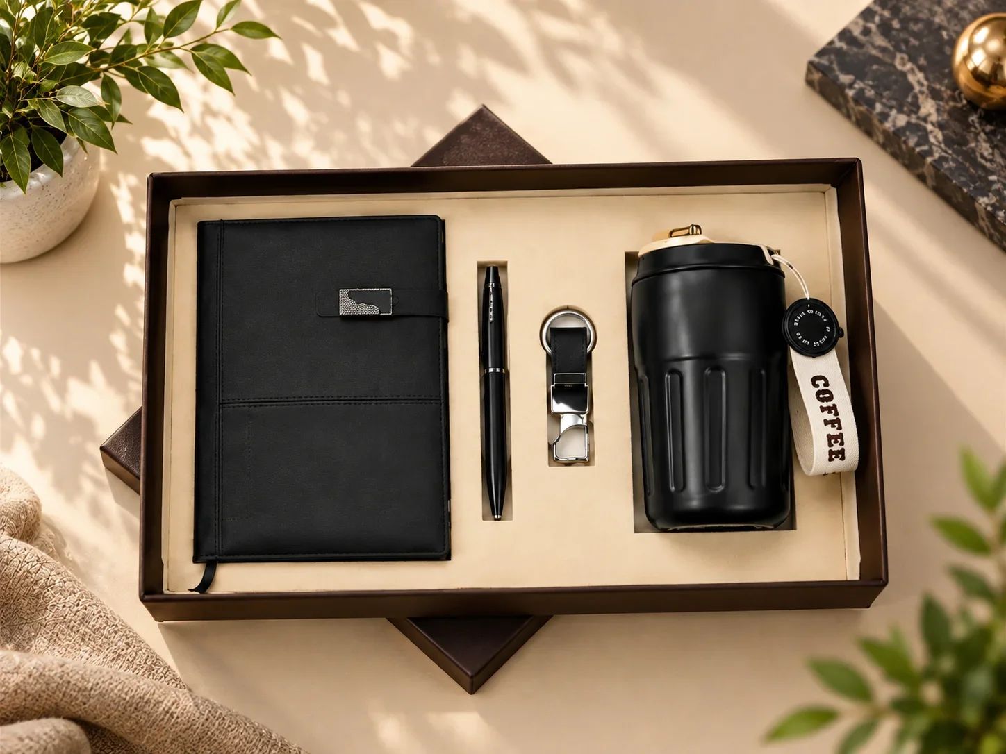 Matte Black Leatherette Journal, Pen, Keychain & Coffee Mug Set