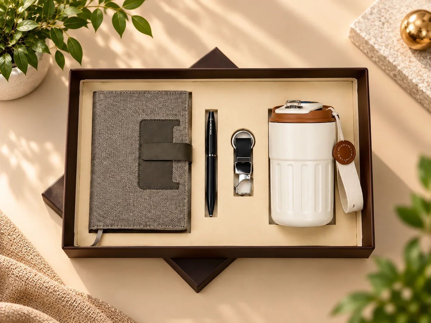 Textured Grey Journal, White Insulated Tumbler, Pen & Keychain Set
