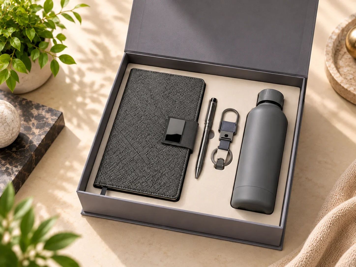 Charcoal Saffiano Journal, Pen, Leather Keychain & Vacuum Flask Set