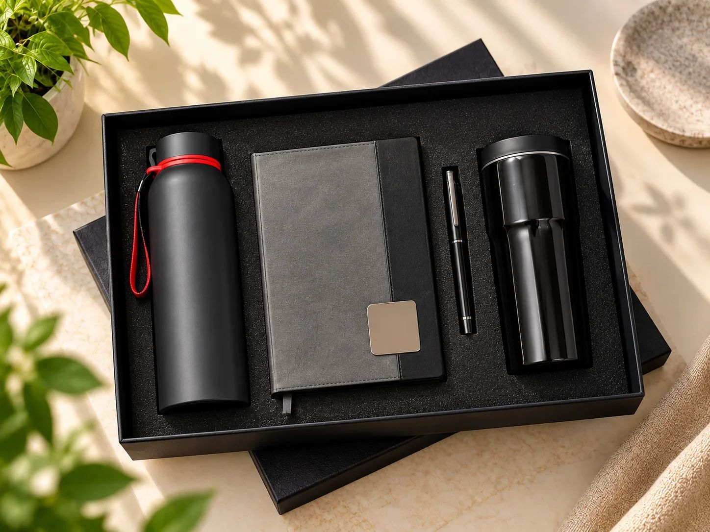 Dual-Tone Charcoal Journal, Red-Accent Flask, Tumbler & Pen Set