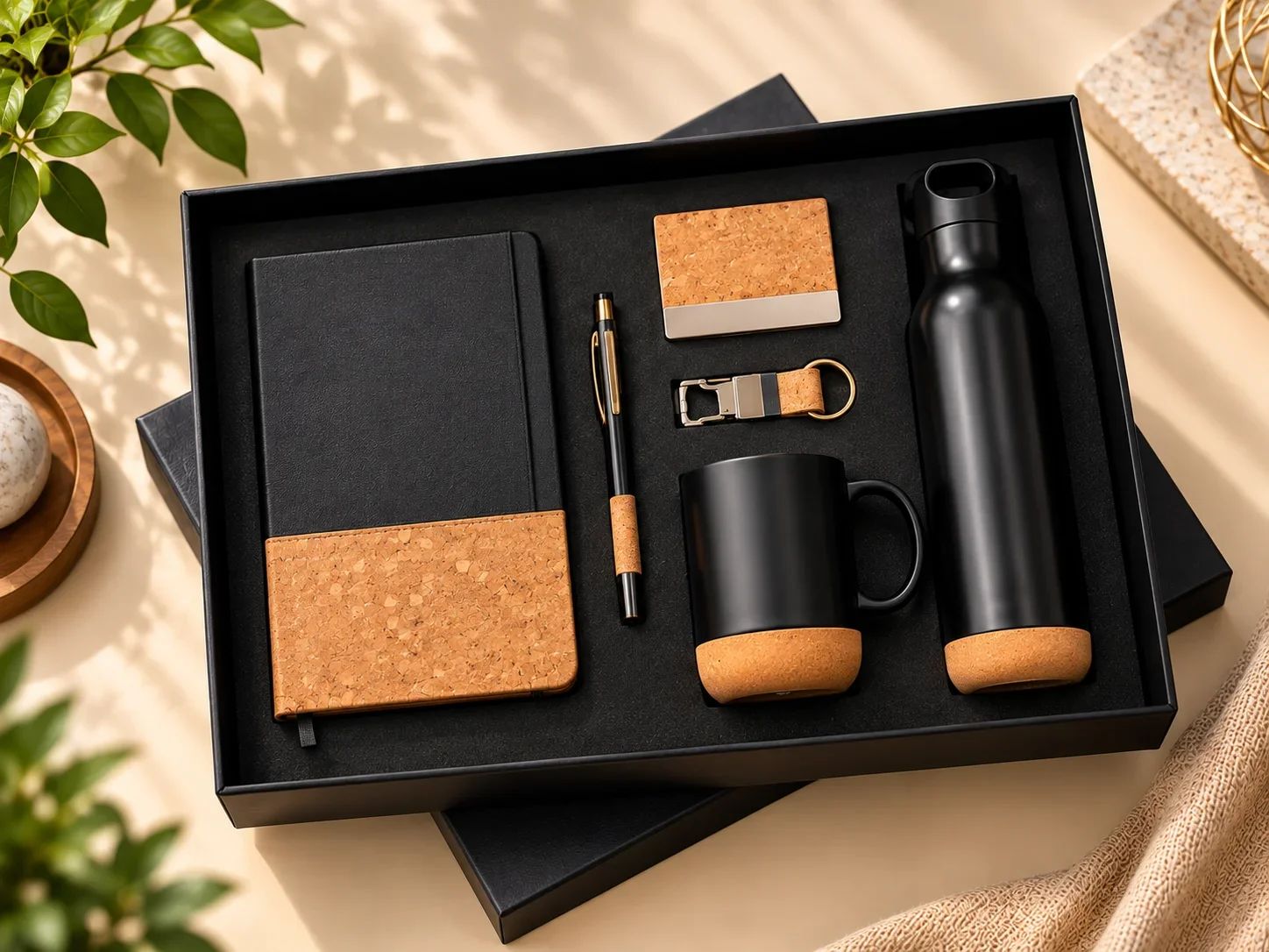 Eco-Friendly Cork & Black Journal, Flask, Mug, Cardholder & Pen Set