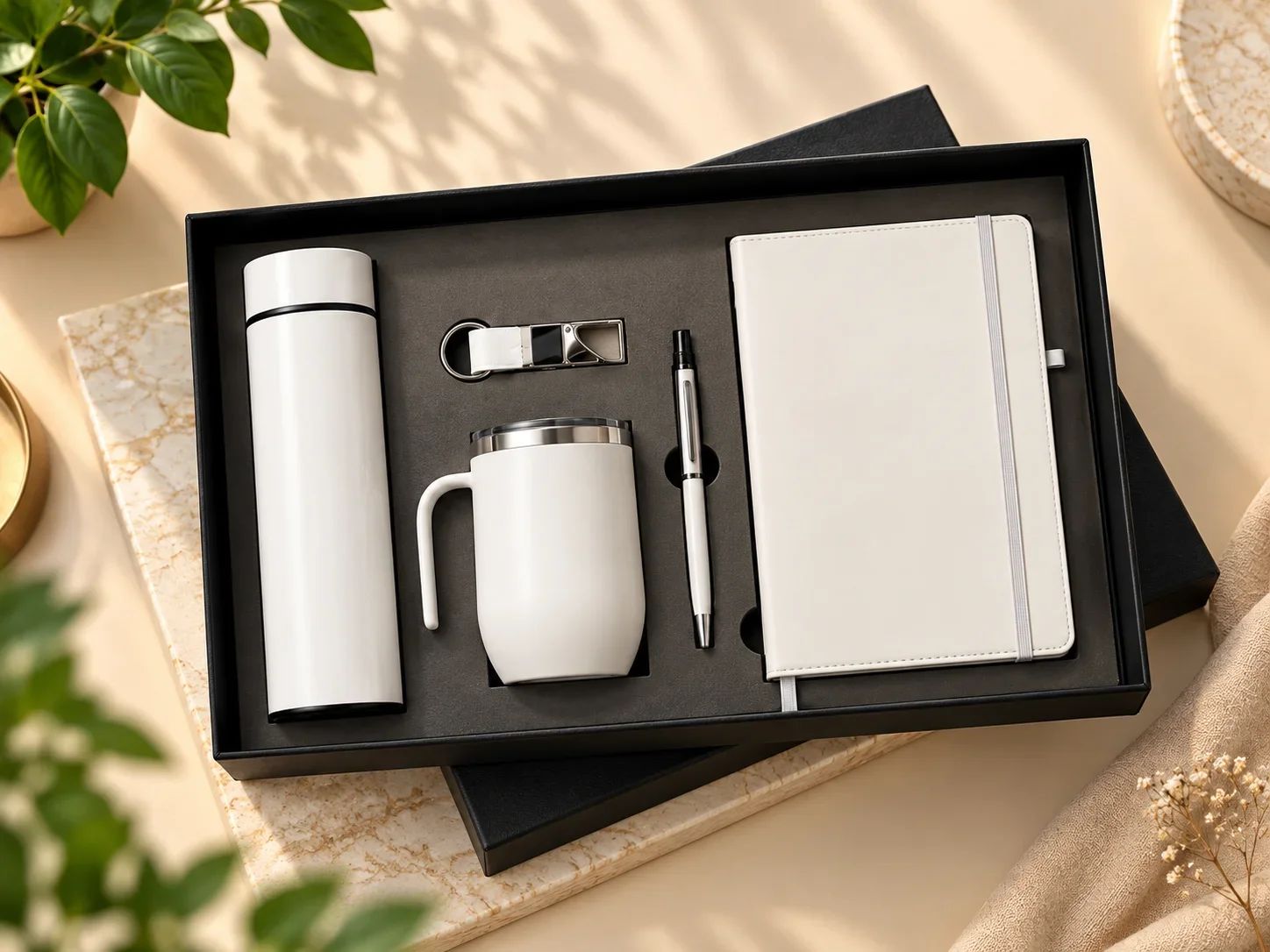 Pure White Journal, Thermal Flask, Handle Mug, Pen & Keychain Set