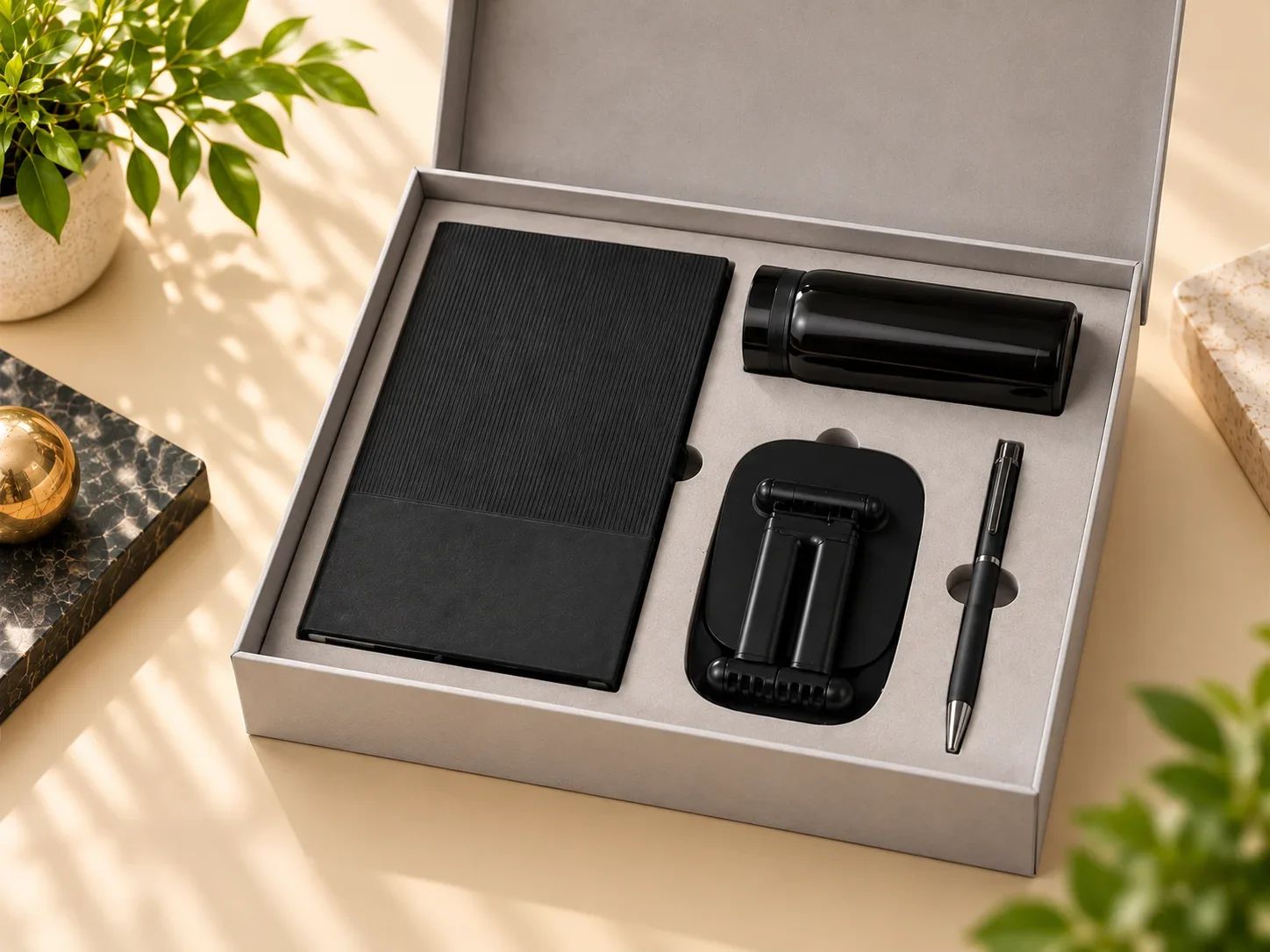 Matte Black Ribbed Journal, Flask, Pen & Desk Phone Stand Set