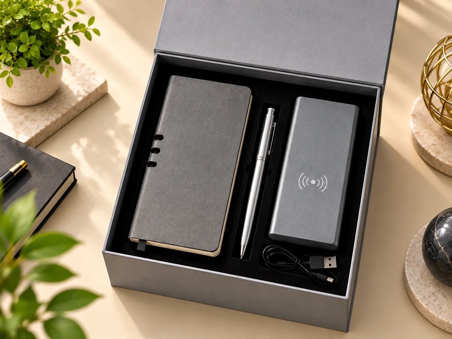 Charcoal Executive Notebook, Metallic Pen & Wireless Power Bank Set