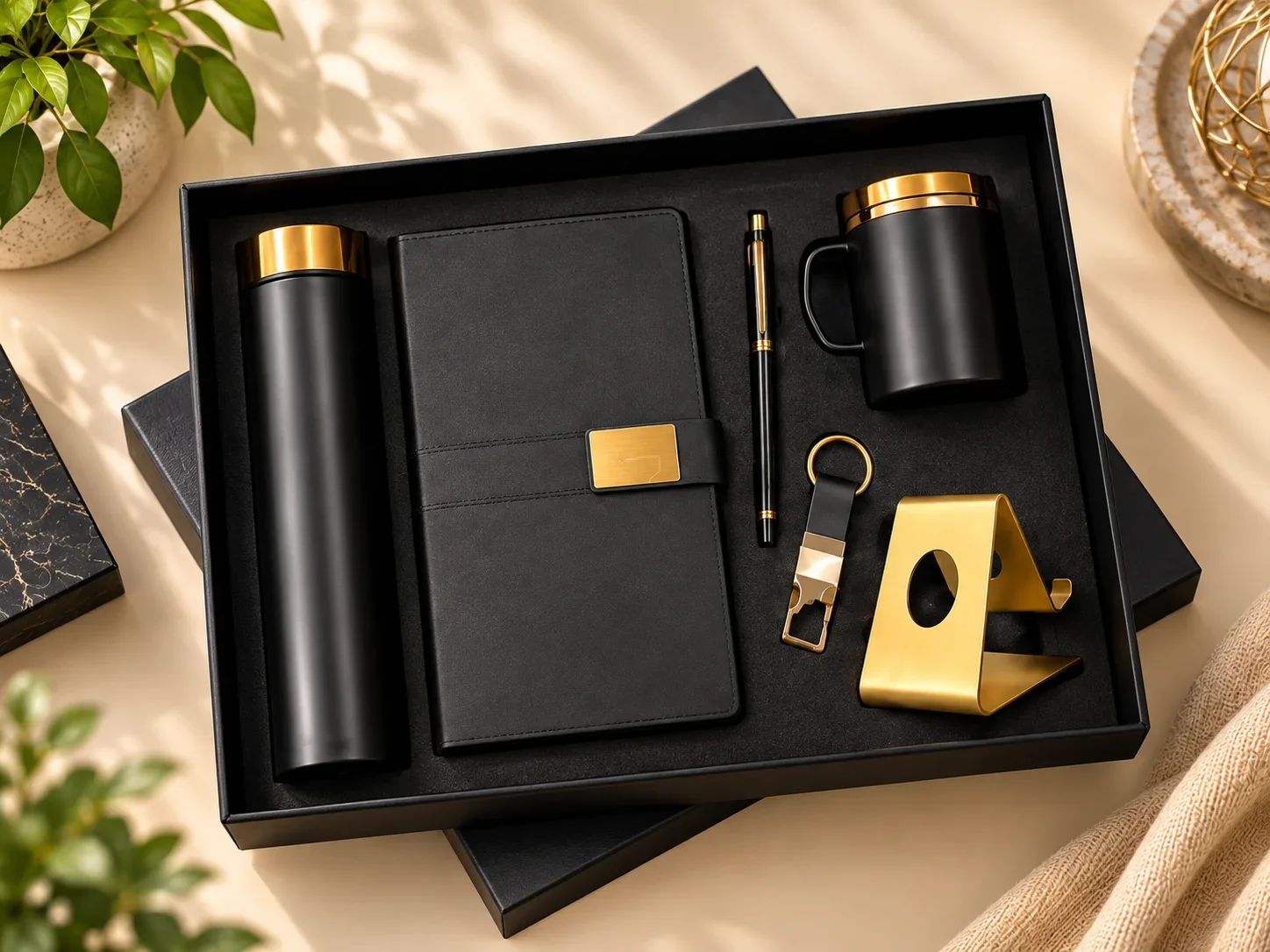 Premium Black & Brass Gold Executive Hydration & Desk Set