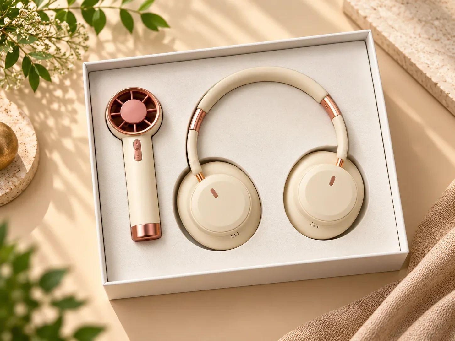 Modern Cream & Rose Gold Over-Ear Wireless Headphones & Mini Fan Set