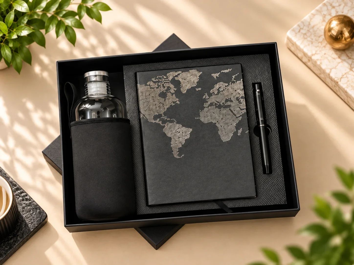 World Map Black Leatherette Journal, Clear Water Bottle & Pen Gift Set